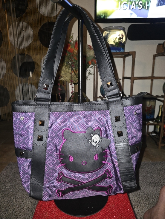 Handbags - Purple/Black/Pink Skull Kitty Tote Bag with Studded Straps